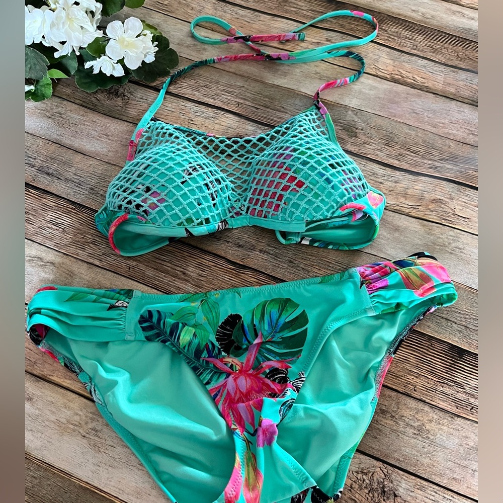 Shade & Shore Green Tropical Print Bikini Mesh Top